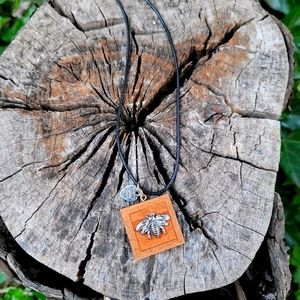 Necklace Black Cord/ Bee Wood Pendant